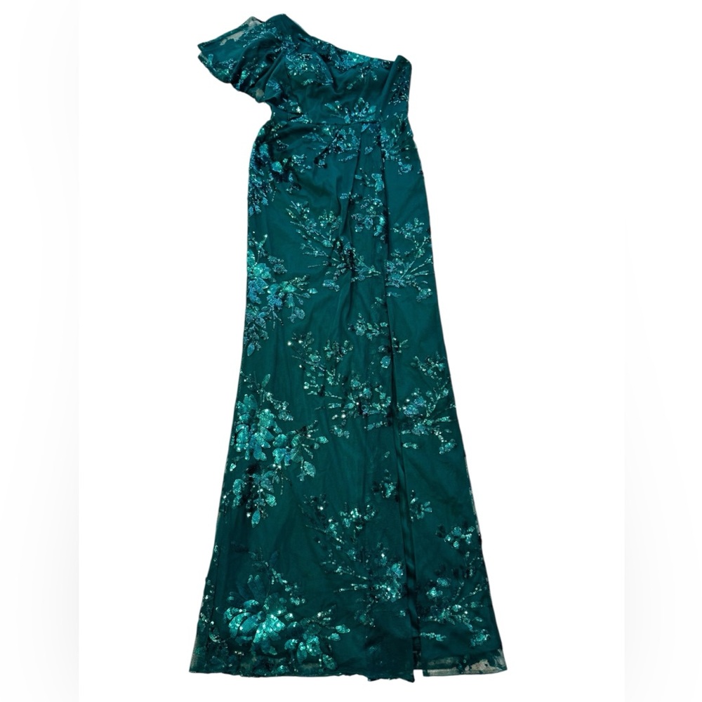 MARCHESA NOTTE BRIDESMAID**Green Floral Sequined One-Shoulder Dress**US 6